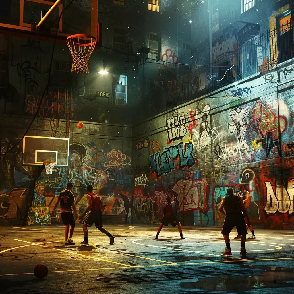 Urban basketball court game under streetlights - Image 1