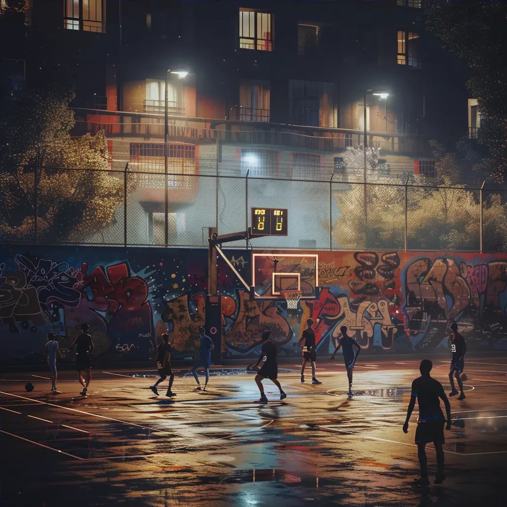 Urban basketball court game under streetlights - Image 4