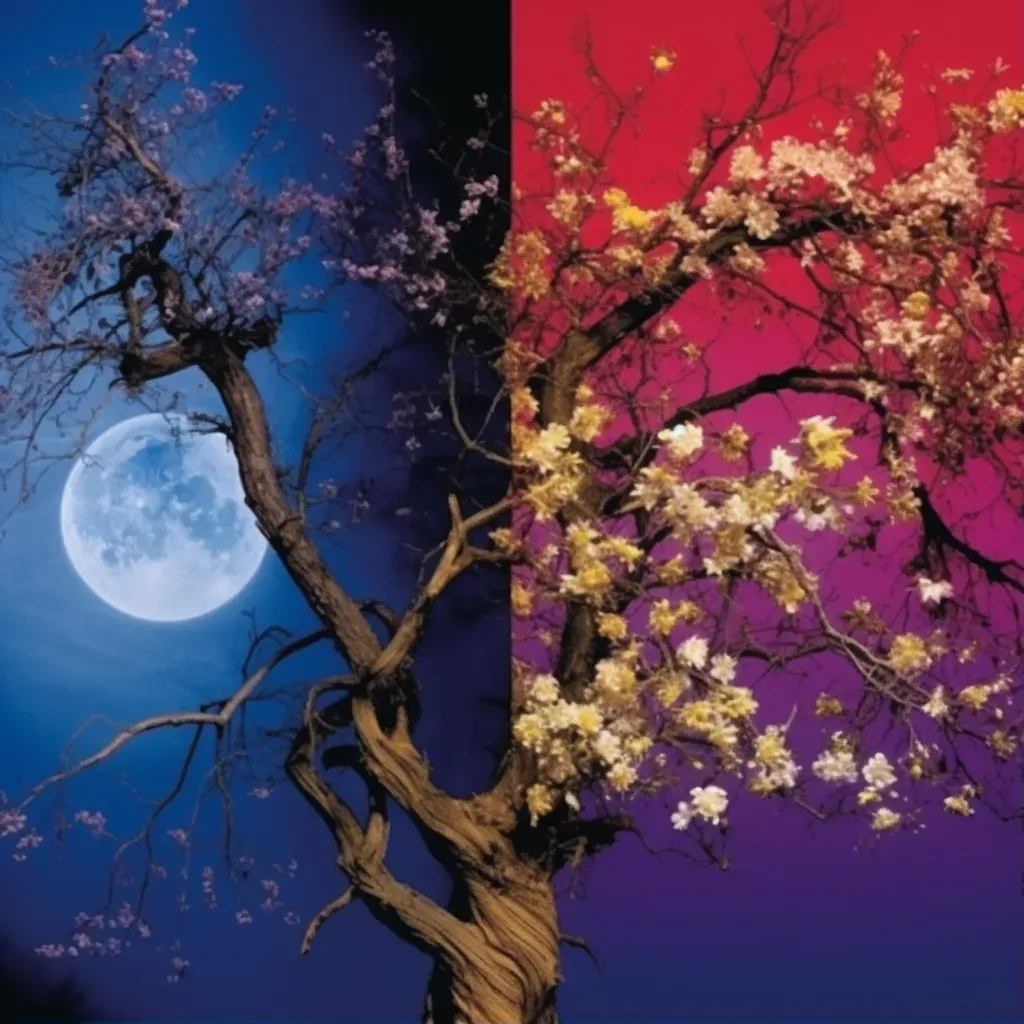 Image of contrasting trees in a day and night sky - Image 1