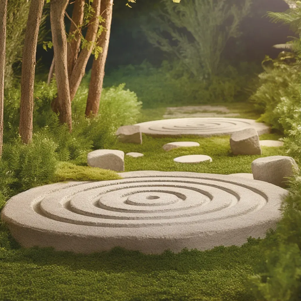 Labyrinth stone path for contemplative walks in a lush green garden at dawn - Image 1