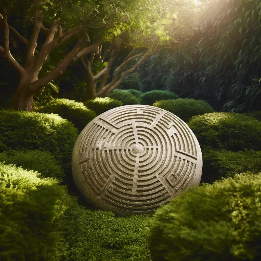 Labyrinth stone path for contemplative walks in a lush green garden at dawn - Image 2