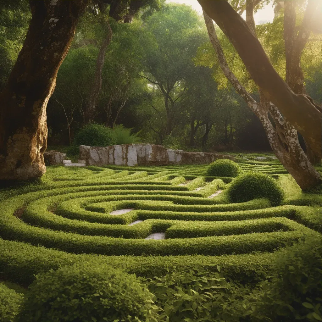 Labyrinth stone path for contemplative walks in a lush green garden at dawn - Image 3