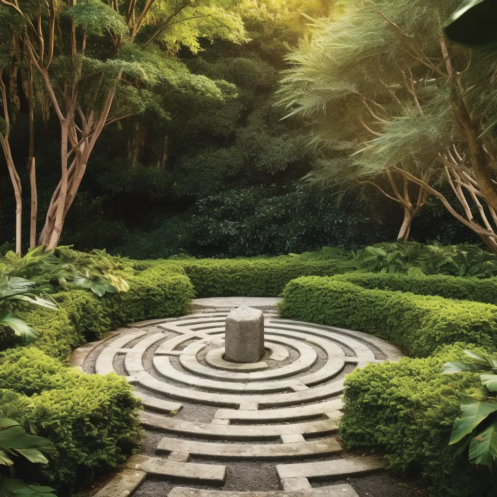 Labyrinth stone path for contemplative walks in a lush green garden at dawn - Image 4