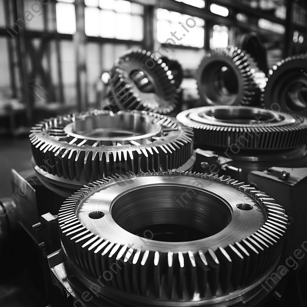 Close-up of metal gears in black and white high contrast - Image 2