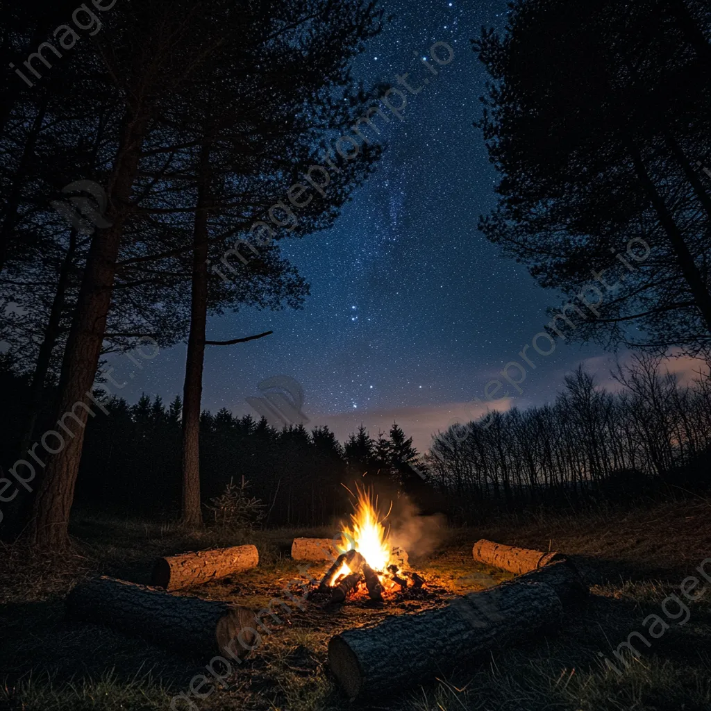 Woodland clearing at night with a campfire and starlit sky. - Image 1