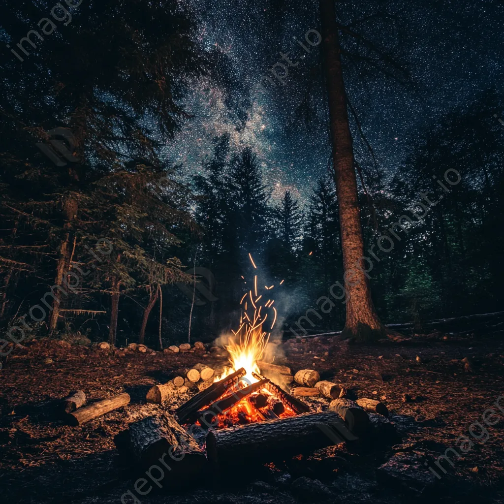 Woodland clearing at night with a campfire and starlit sky. - Image 2