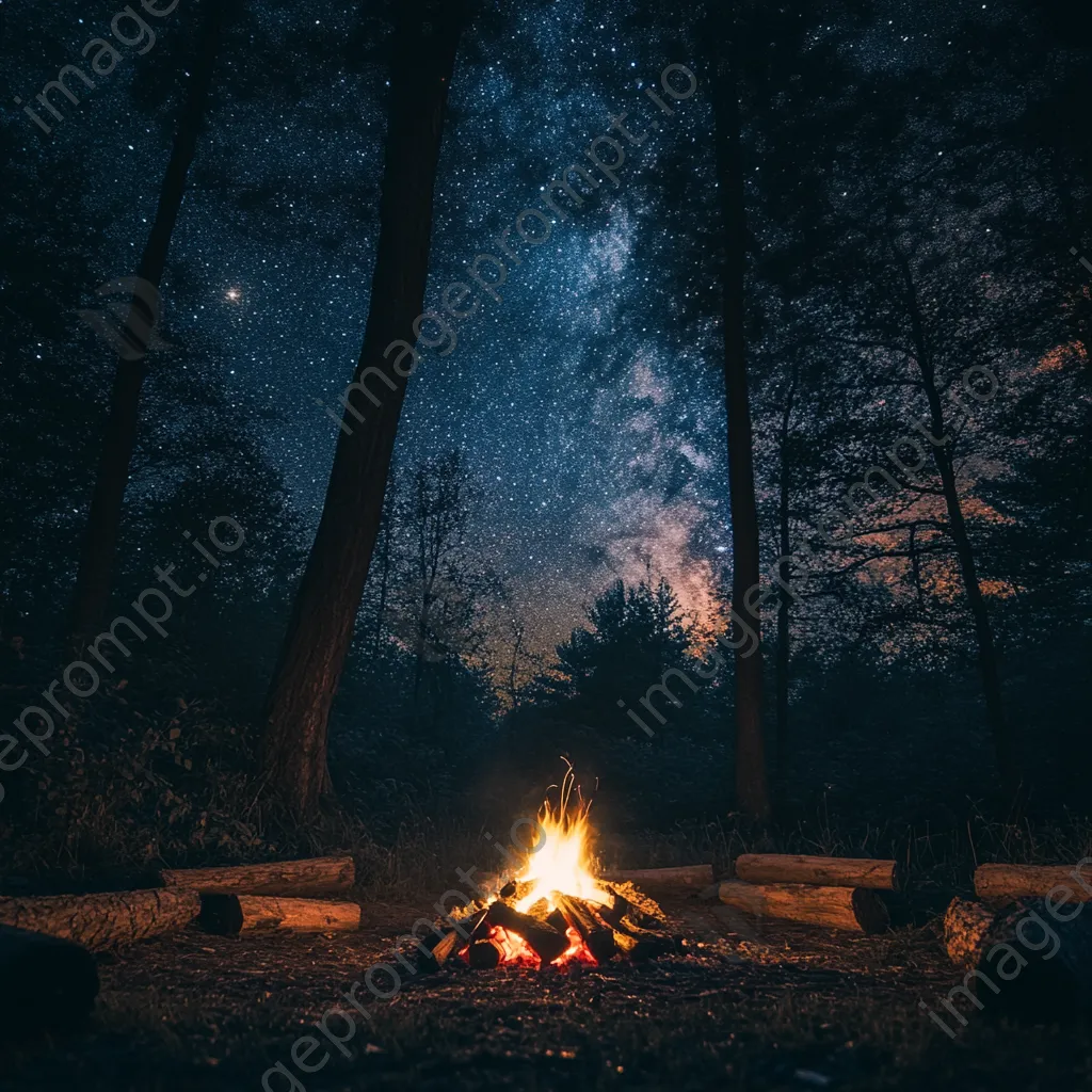 Woodland clearing at night with a campfire and starlit sky. - Image 3