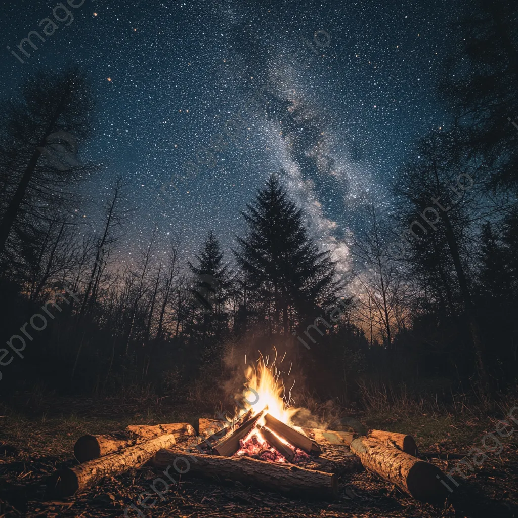 Woodland clearing at night with a campfire and starlit sky. - Image 4