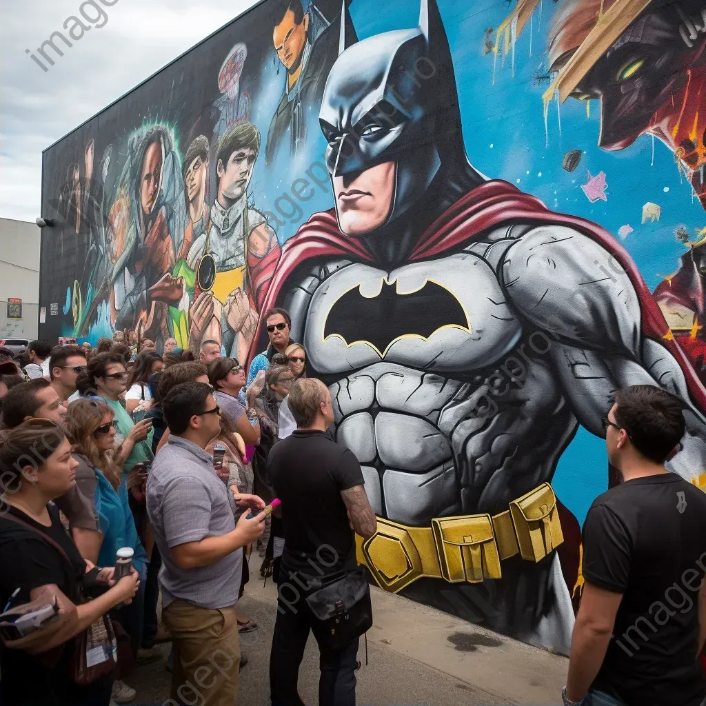 Street art style depiction of a bustling comic convention with various pop culture universities mingling - Image 2