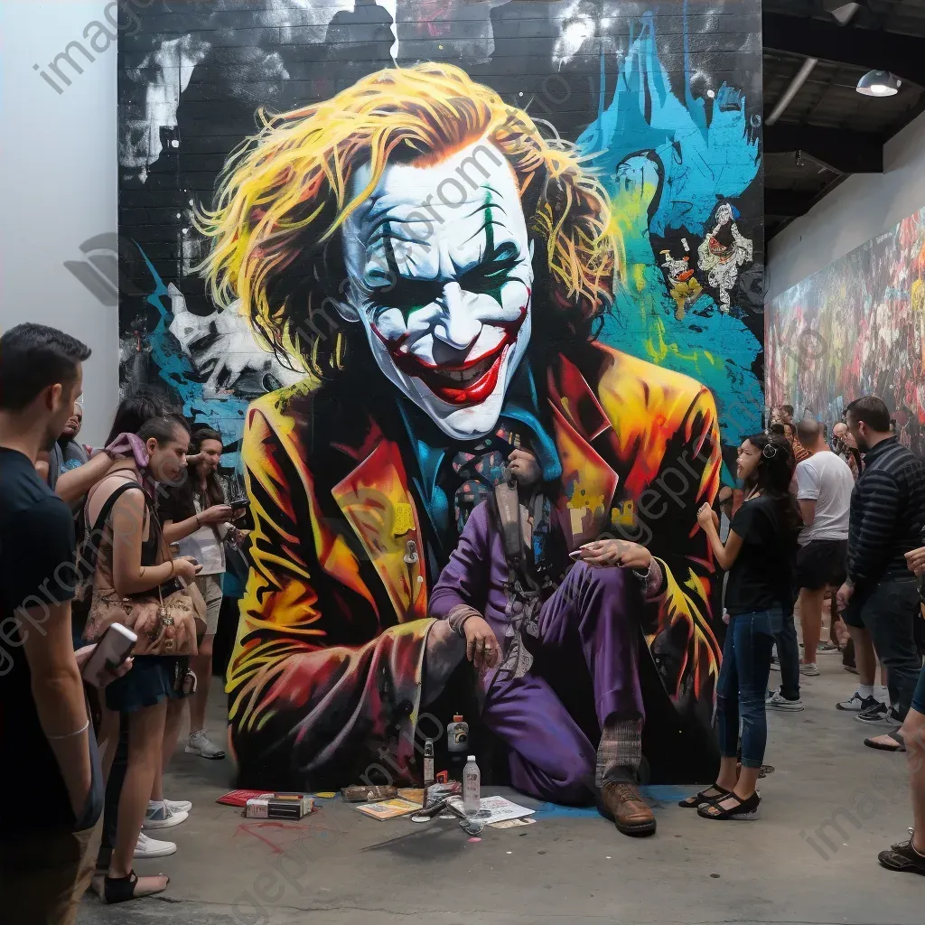 Street art style depiction of a bustling comic convention with various pop culture universities mingling - Image 4