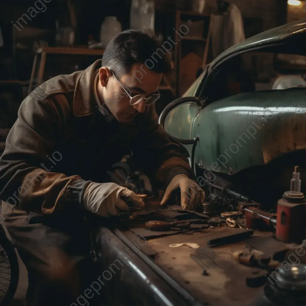 Antique car restoration workshop with skilled hands and tools - Image 1