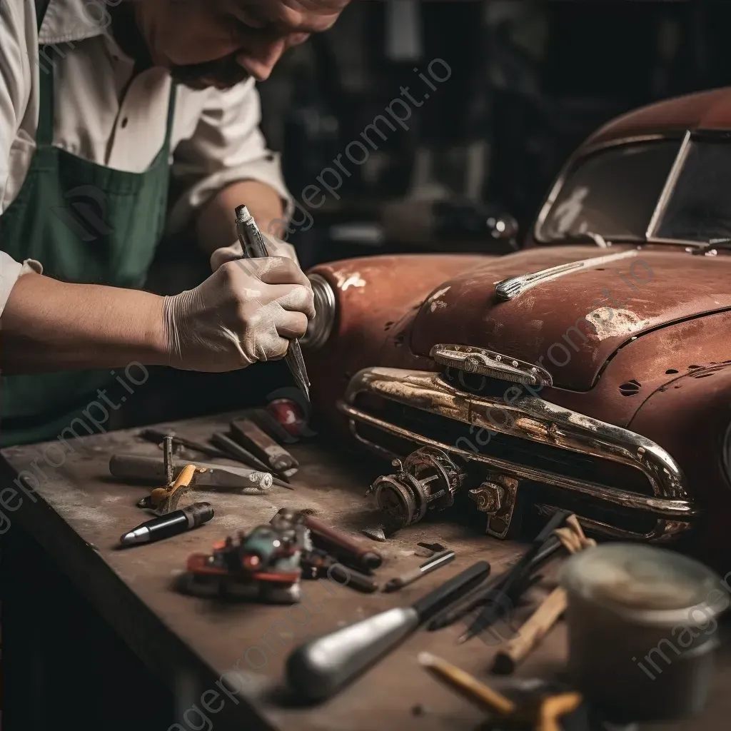 Antique car restoration workshop with skilled hands and tools - Image 4