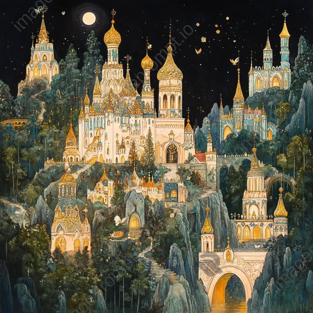 Vibrant fairy kingdom with golden and moonstone architecture, with mystical inhabitants fluttering around - Image 1