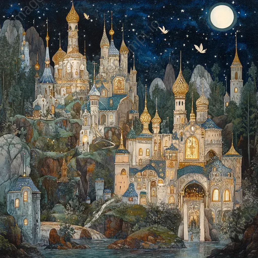 Vibrant fairy kingdom with golden and moonstone architecture, with mystical inhabitants fluttering around - Image 2