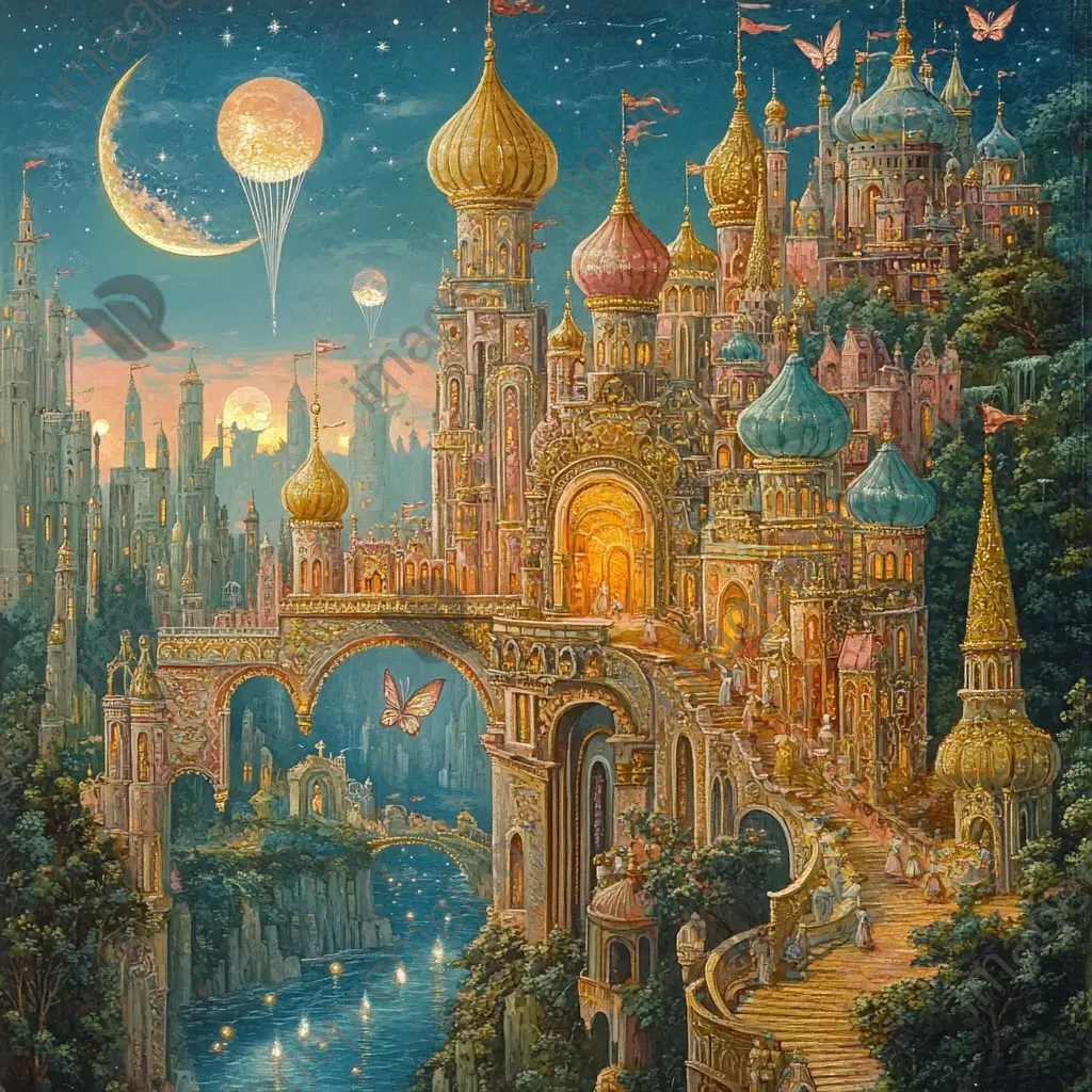 Vibrant fairy kingdom with golden and moonstone architecture, with mystical inhabitants fluttering around - Image 3