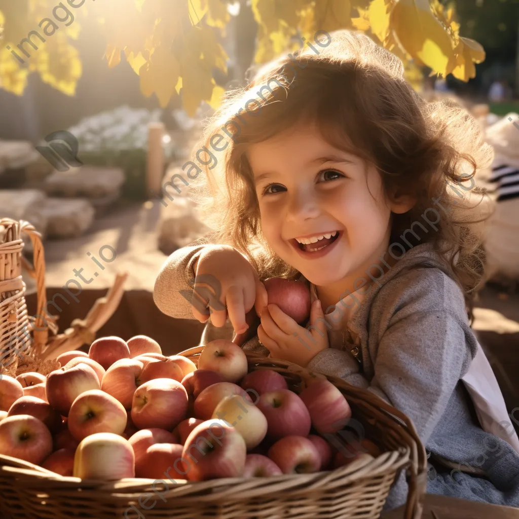 Child holding a basket of organic apples. - Image 2