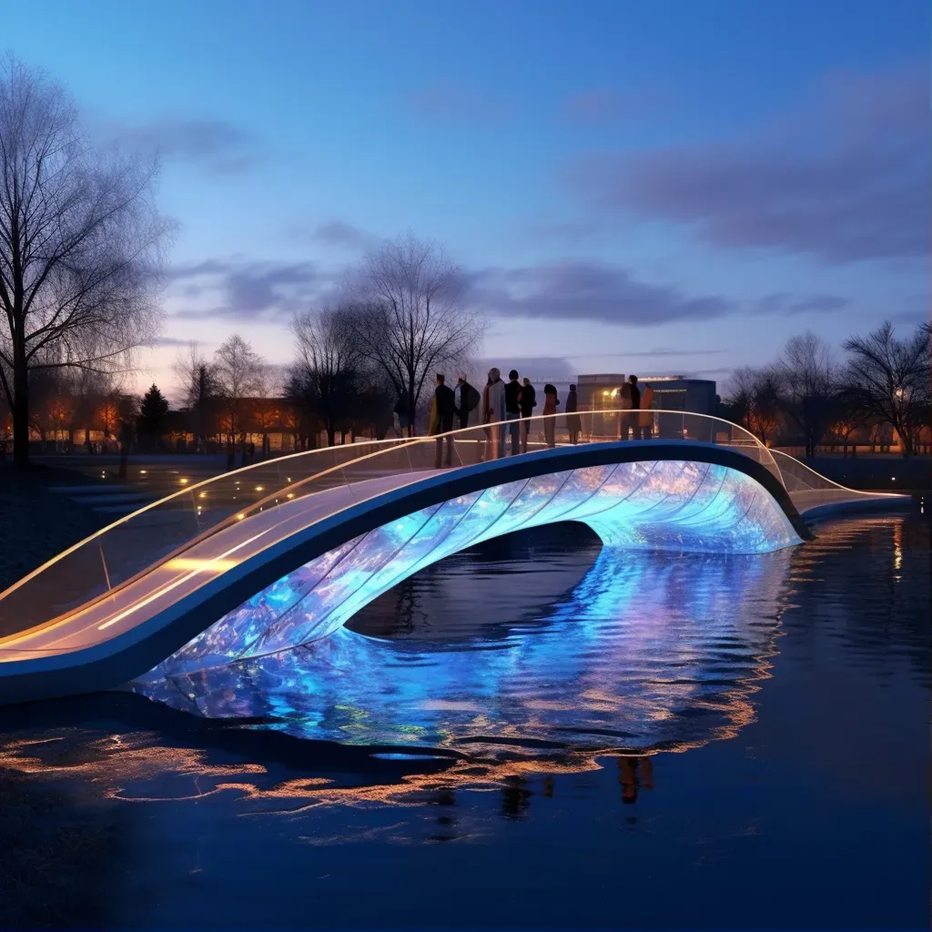 Sculptural pedestrian bridge over river with dynamic lighting - Image 1