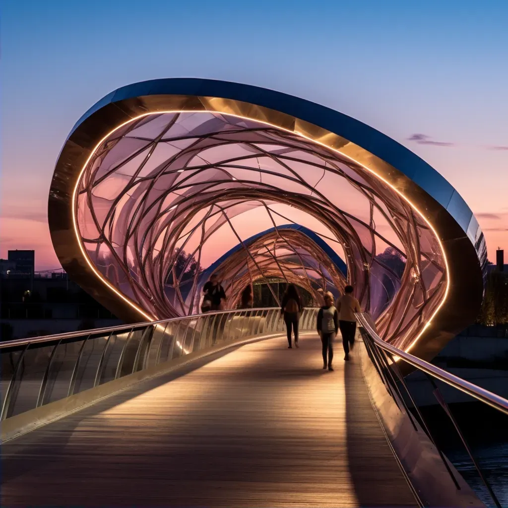 Sculptural pedestrian bridge over river with dynamic lighting - Image 2