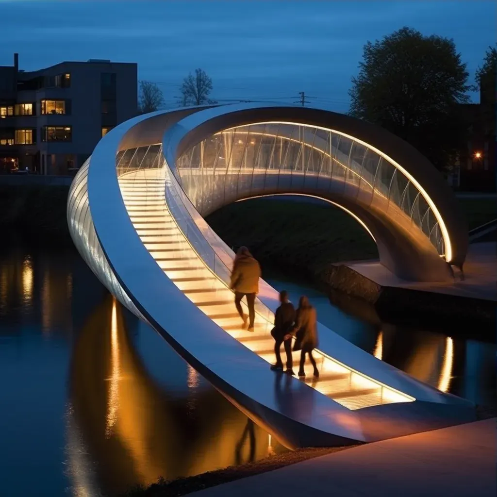 Sculptural pedestrian bridge over river with dynamic lighting - Image 3