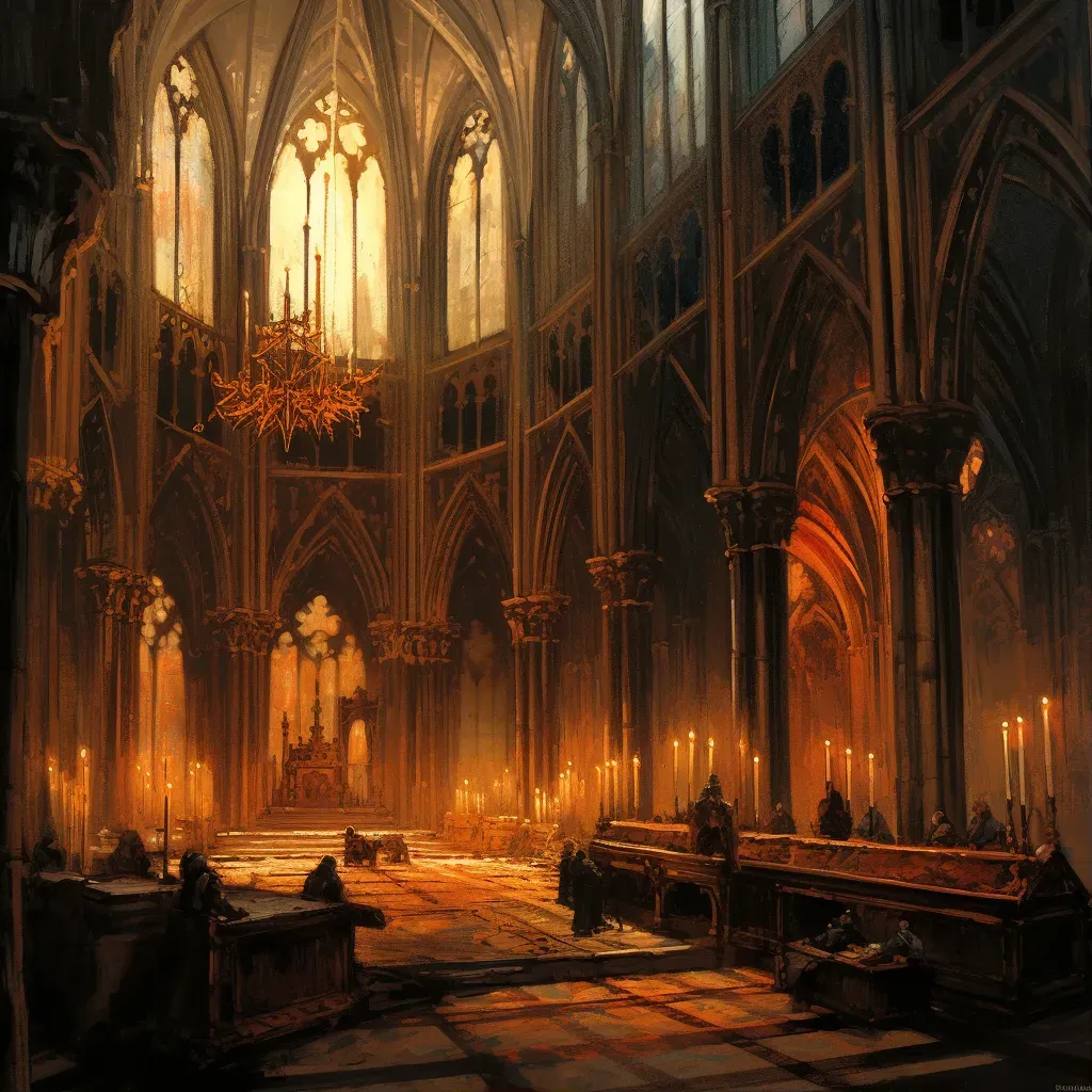 Gothic Cathedral with intricate architecture, stained-glass windows, and candlelight shadows - Image 1