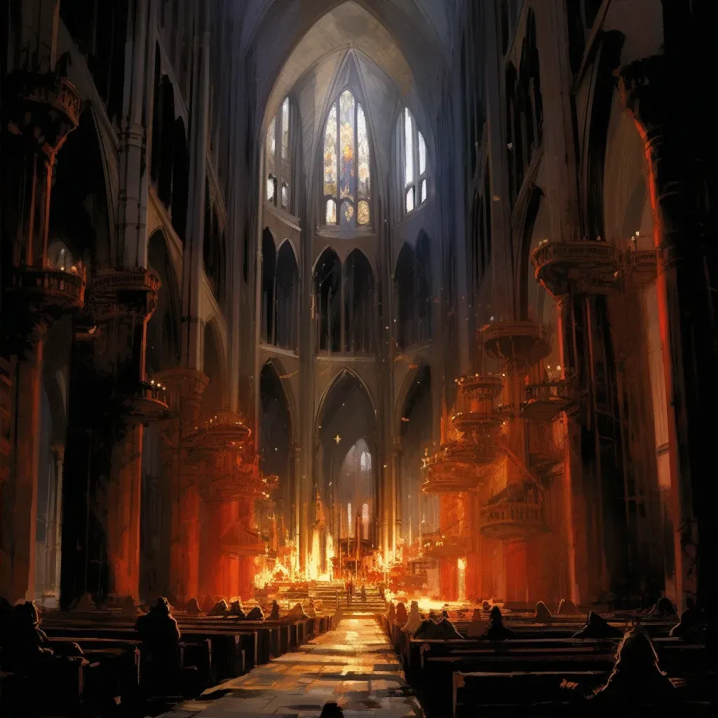 Gothic Cathedral with intricate architecture, stained-glass windows, and candlelight shadows - Image 2