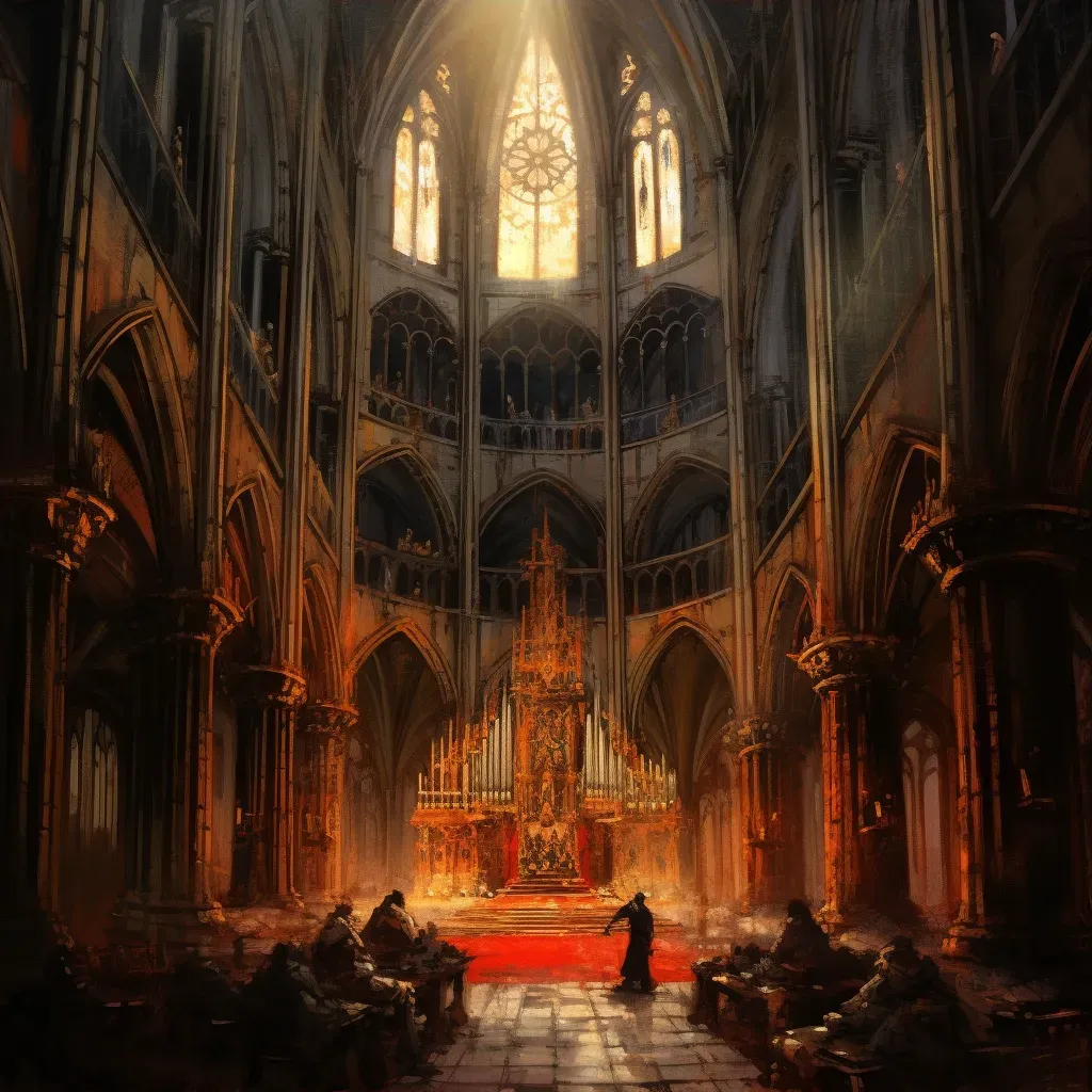 Gothic Cathedral with intricate architecture, stained-glass windows, and candlelight shadows - Image 3