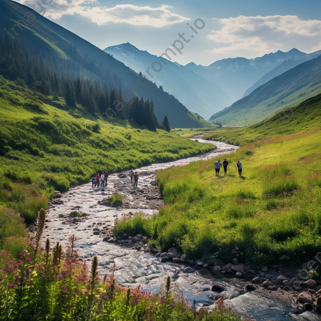 Vibrant mountain stream in flower-filled valley with hikers enjoying the scenery. - Image 1