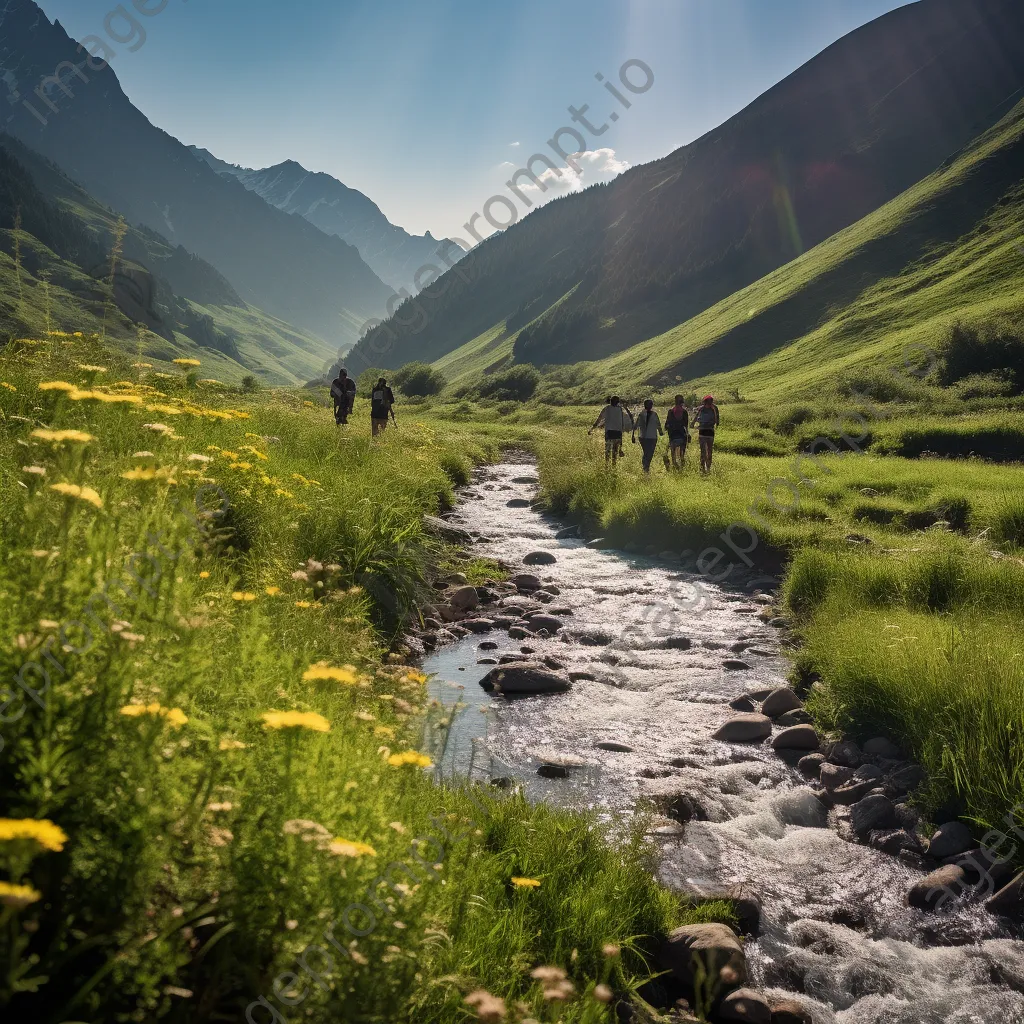 Vibrant mountain stream in flower-filled valley with hikers enjoying the scenery. - Image 2