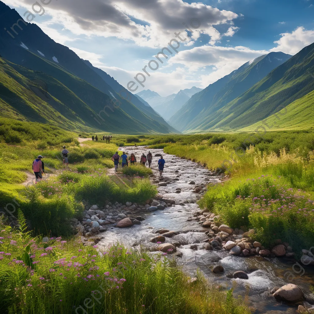 Vibrant mountain stream in flower-filled valley with hikers enjoying the scenery. - Image 3