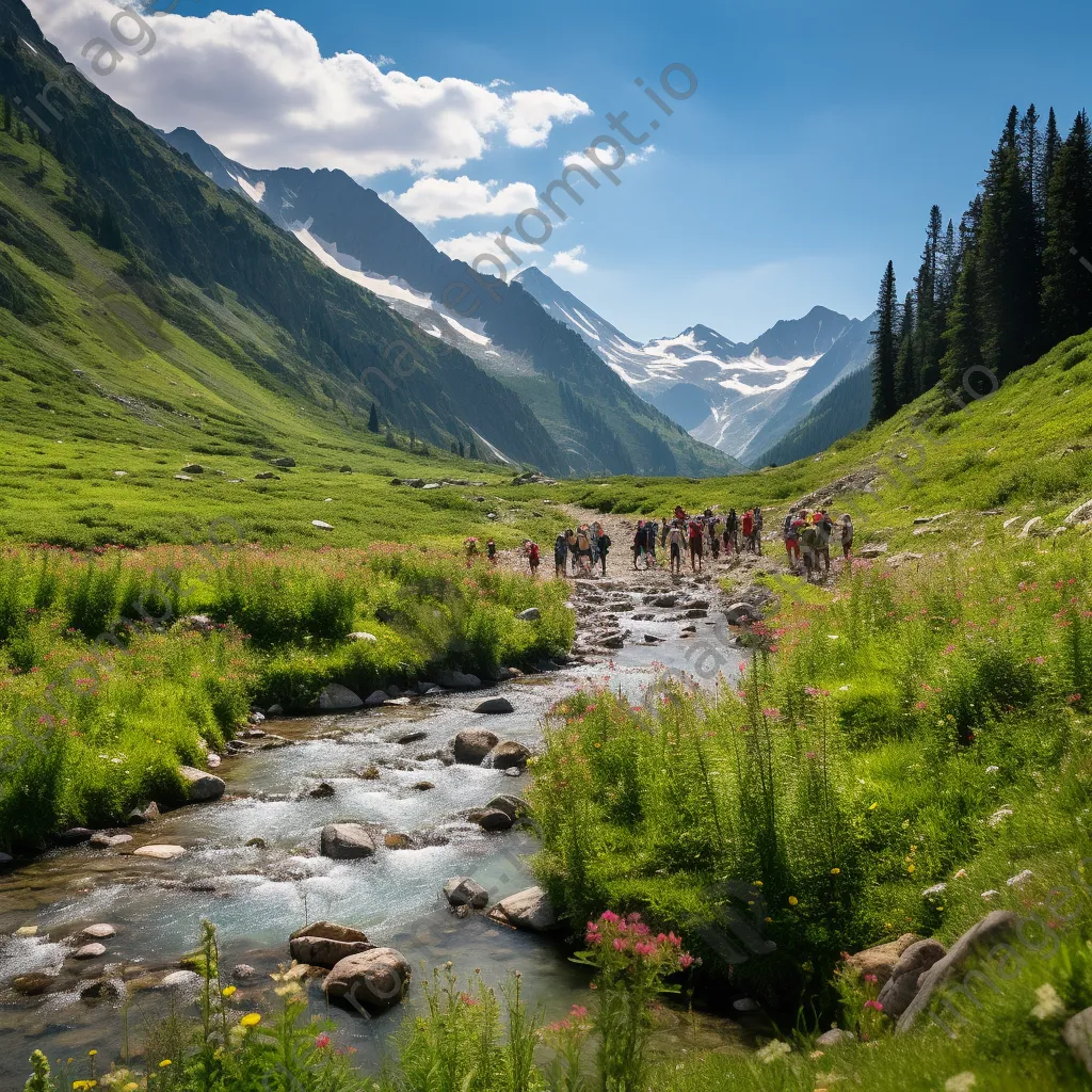 Vibrant mountain stream in flower-filled valley with hikers enjoying the scenery. - Image 4