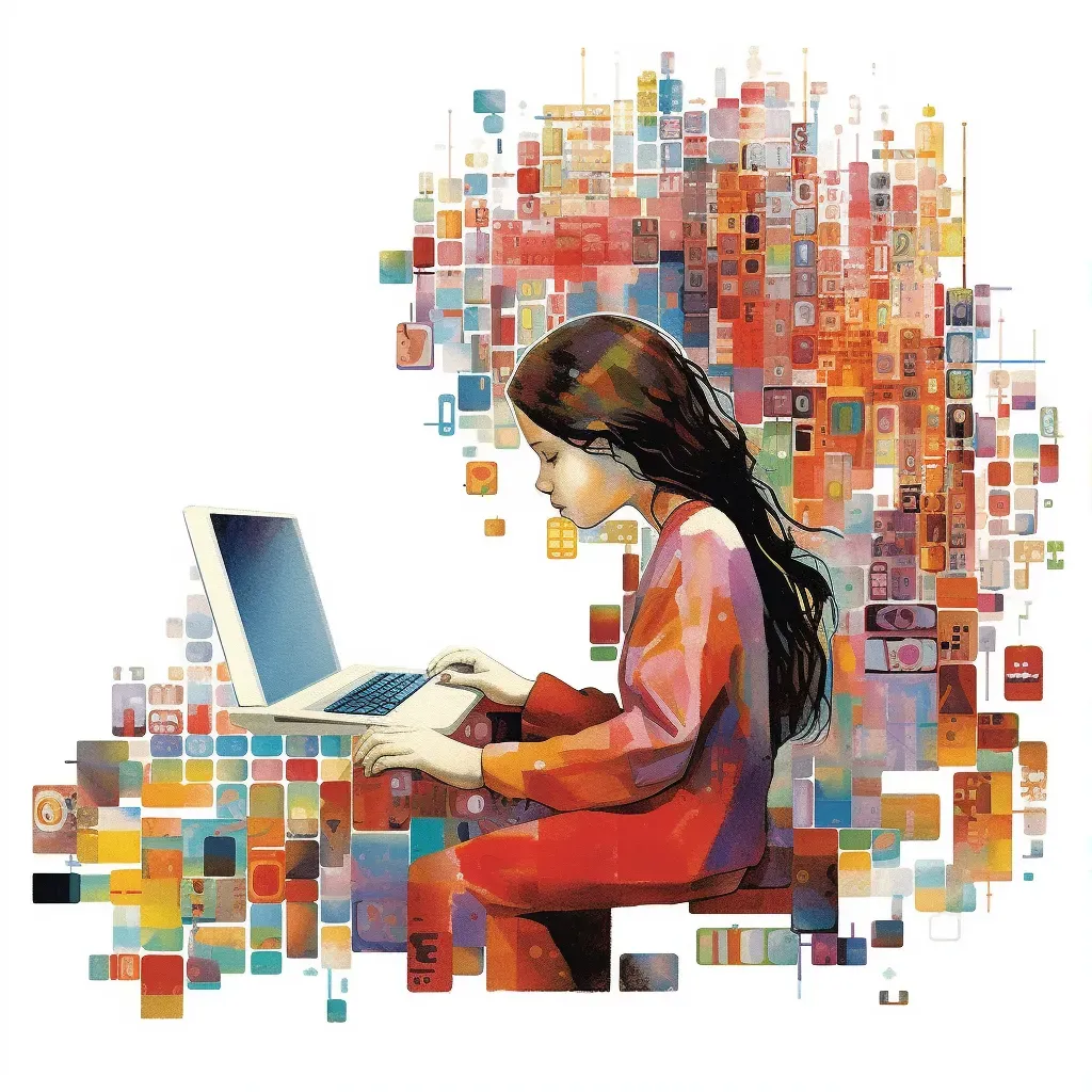 Illustration of a young girl coding on a laptop surrounded by colorful code blocks - Image 1