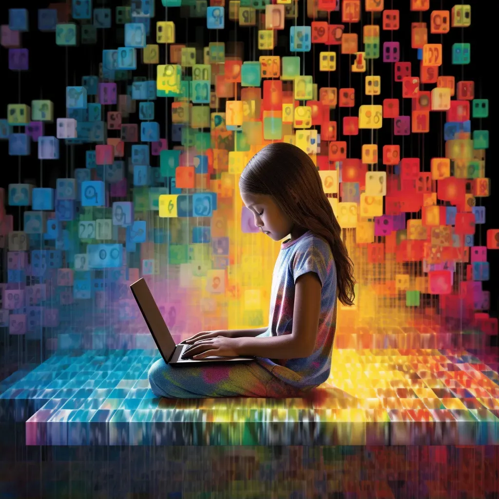 Illustration of a young girl coding on a laptop surrounded by colorful code blocks - Image 2