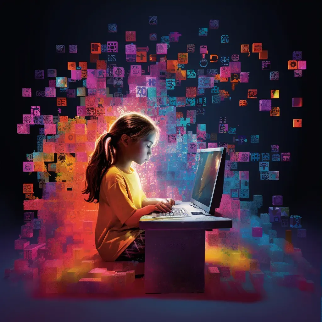 Illustration of a young girl coding on a laptop surrounded by colorful code blocks - Image 3