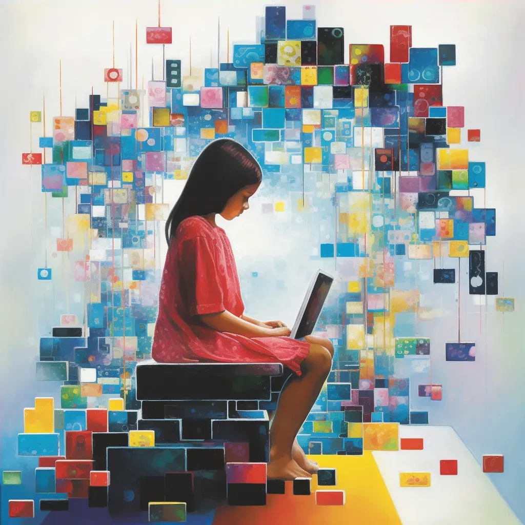 Illustration of a young girl coding on a laptop surrounded by colorful code blocks - Image 4