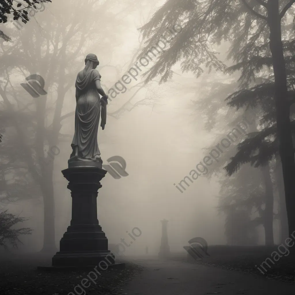 Black and white statue in misty park - Image 1