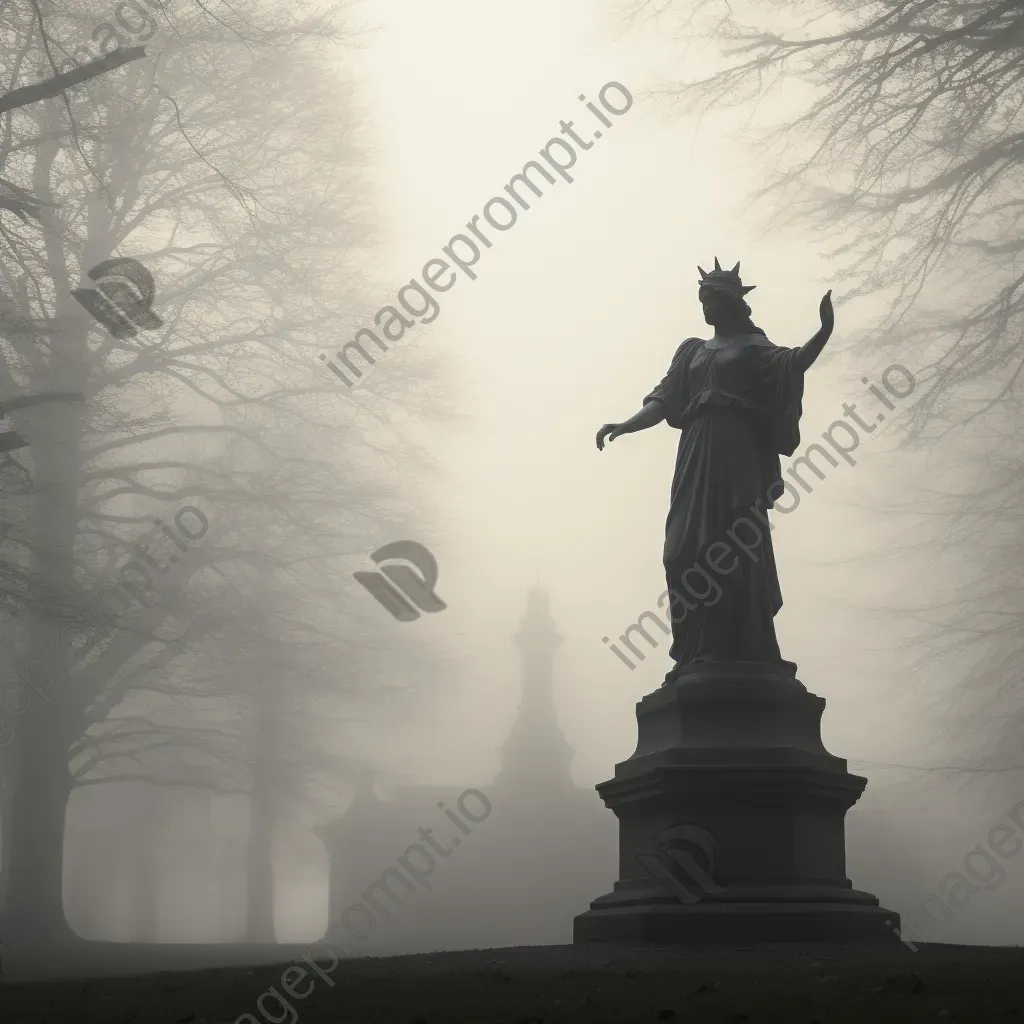 Black and white statue in misty park - Image 2