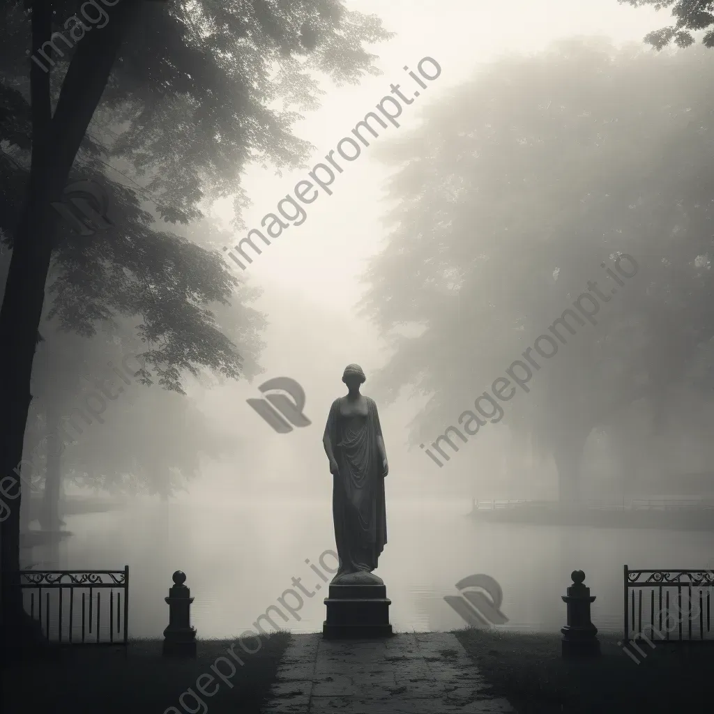 Black and white statue in misty park - Image 4