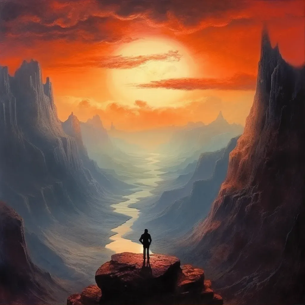 Solitary hiker at cliff edge looking at sunset-lit mountains - Image 1