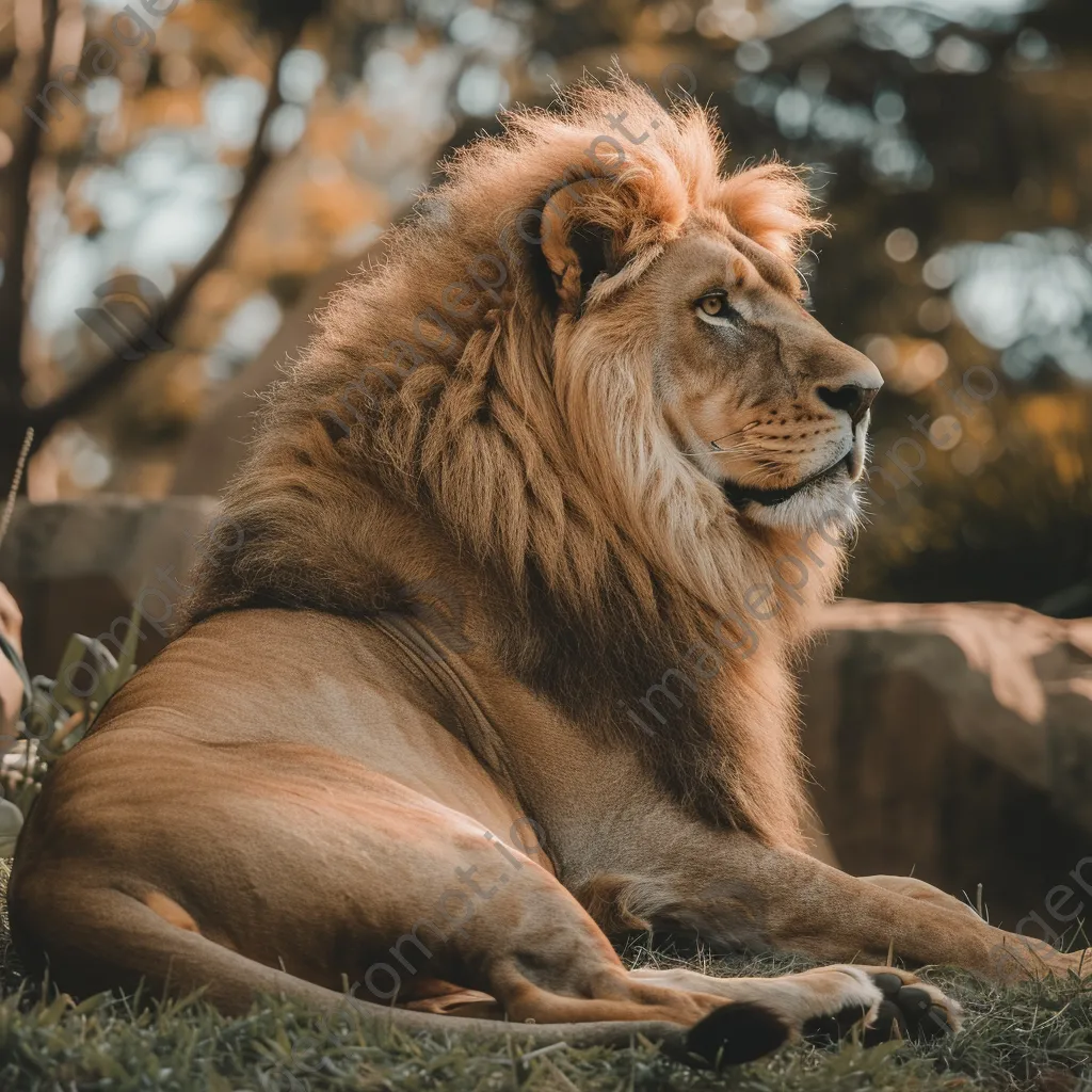 Lion lounging in the savanna under golden sunlight. - Image 1