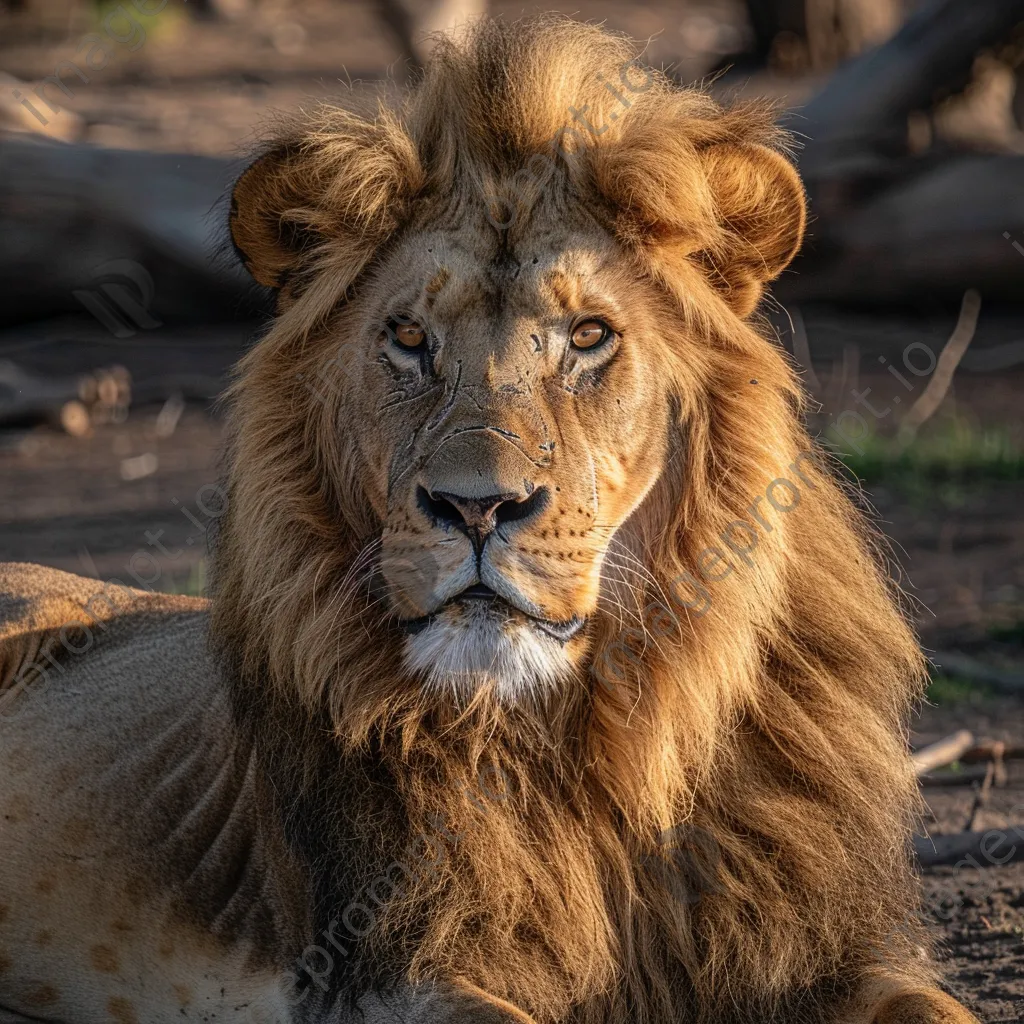 Lion lounging in the savanna under golden sunlight. - Image 2