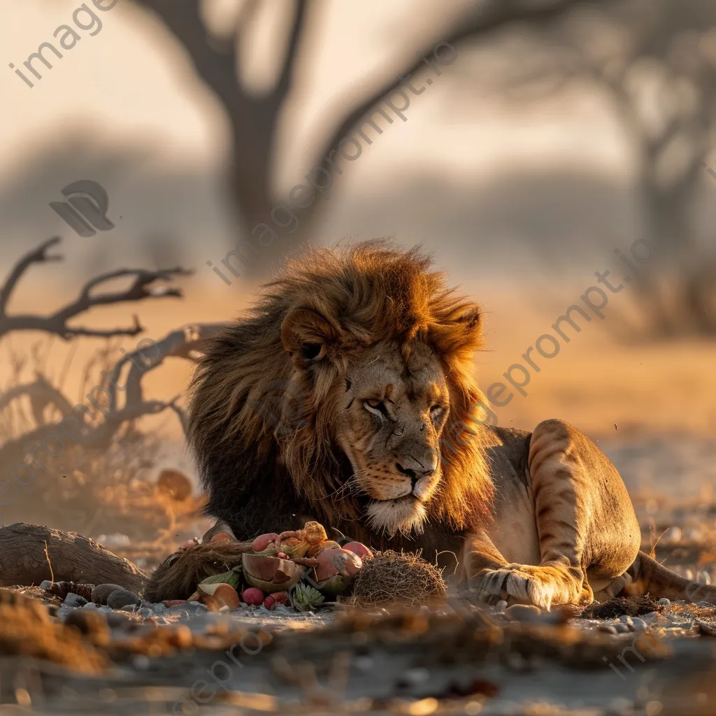 Lion lounging in the savanna under golden sunlight. - Image 3