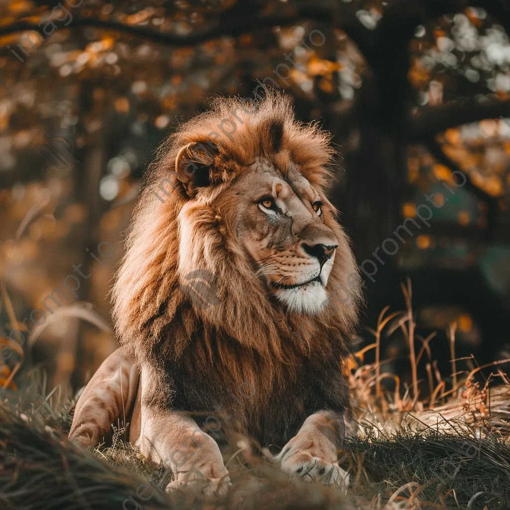 Lion lounging in the savanna under golden sunlight. - Image 4