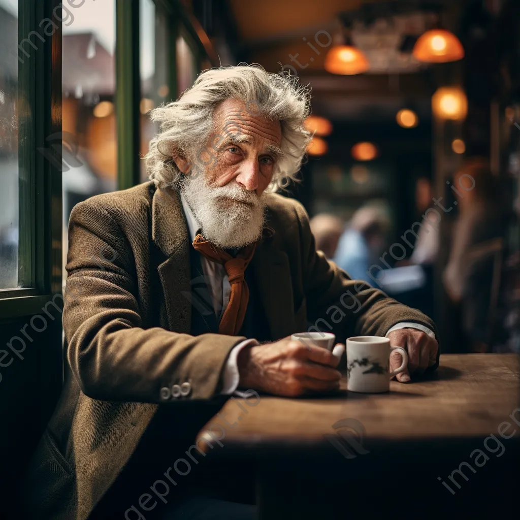 An elderly man drinking coffee in a cozy, antique café. - Image 1