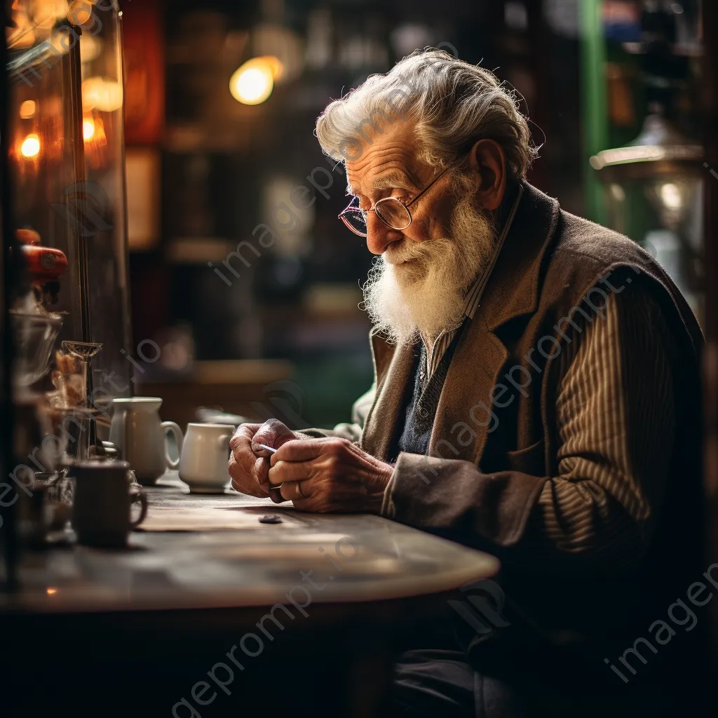 An elderly man drinking coffee in a cozy, antique café. - Image 2