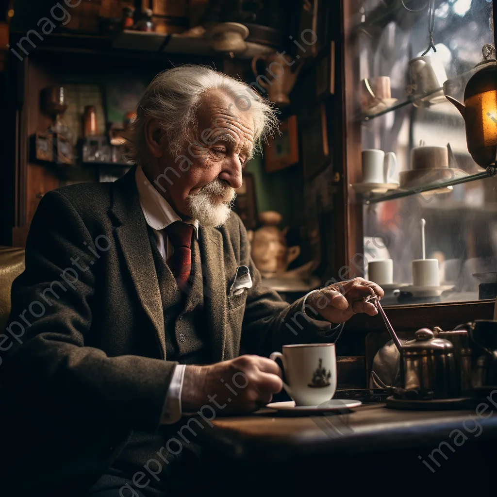 An elderly man drinking coffee in a cozy, antique café. - Image 3