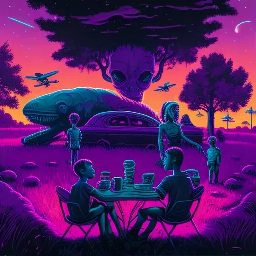 Alien picnic in parallel universe with purple sky and neon blue grass - Image 1