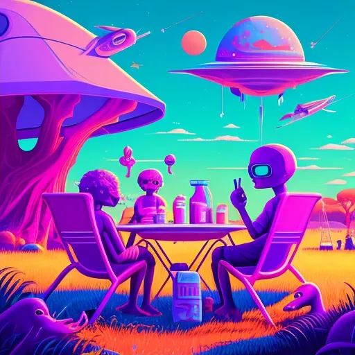 Alien picnic in parallel universe with purple sky and neon blue grass - Image 2