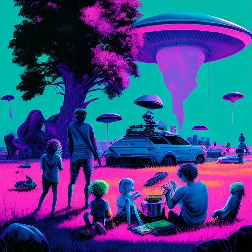 Alien picnic in parallel universe with purple sky and neon blue grass - Image 3