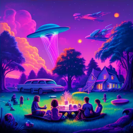 Alien picnic in parallel universe with purple sky and neon blue grass - Image 4