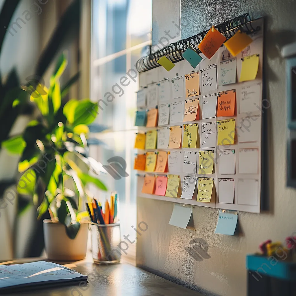 Wall calendar filled with colorful notes and reminders in a bright workspace. - Image 1